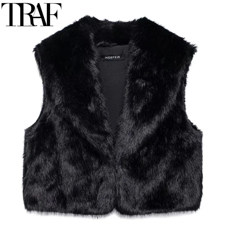 TRAF Winter Women Vests Outerwears Furry Faux Fur Vest Cardigan Cropped Black Sleeveless Vest Woman Autumn Fluffy Warm Vests