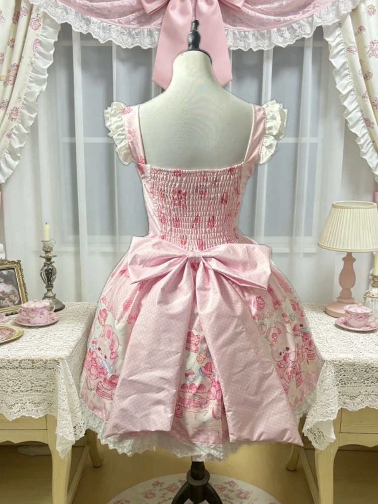 2026 Summer Sweet Japanese Cute Pink Kawaii Dress Design Lovable Pretty Lace Rabbit Print Slim Patchwork Cake Dresses Women view 3