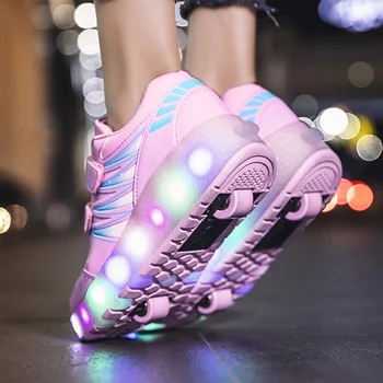 เด็กสาวลูกกลิ้งสเก็ต Tow ล้อรองเท้าเรืองแสง LED เด็กแฟชั่นส่องสว่างแบบสบายๆ Wheelys สเก็ตรองเท้าผ้าใบ