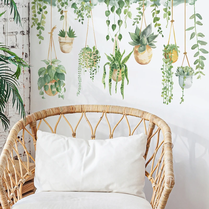 الجدران الإبداعية الفن الأخضر ورقة الكرمة سلة معلقة بوعاء الفينيل ملصقات جدارية للديكور المنزل الغرف الجمالية المناظر الطبيعية