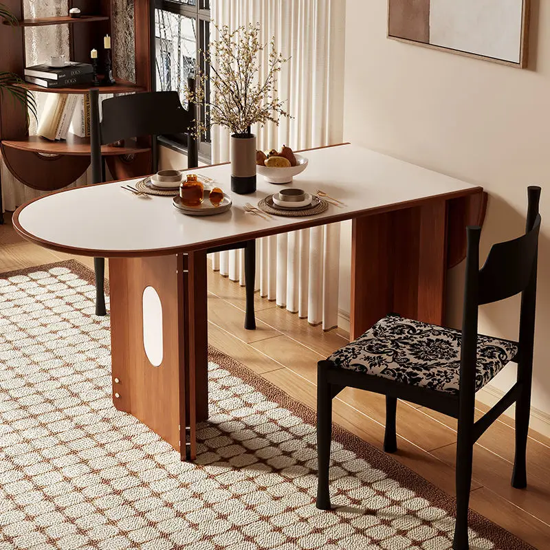 

Small apartment folding rock slab dining table in the ancient style semi-oval telescopic diningtable against the wall Small apa