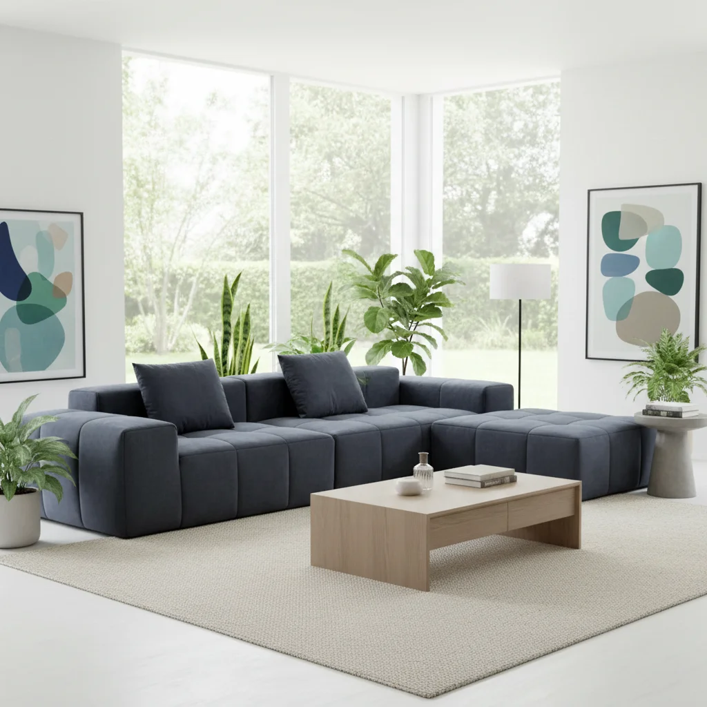 #Textured Fabric Modular 2 Seater Sofa ModernMinimalist Square Block Wide Arm Couch with Throw Pillows for Living Room Furniture
