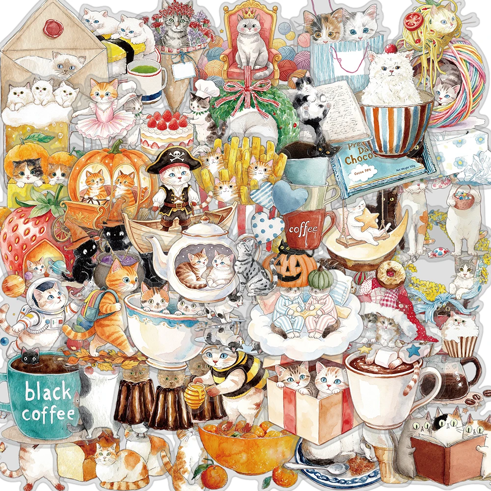 50PCS Cute Cat Sticker Harajuku Case DIY Stationery School Supplies PET Fashion Cartoon Laptop Luggage Vintage Sticker