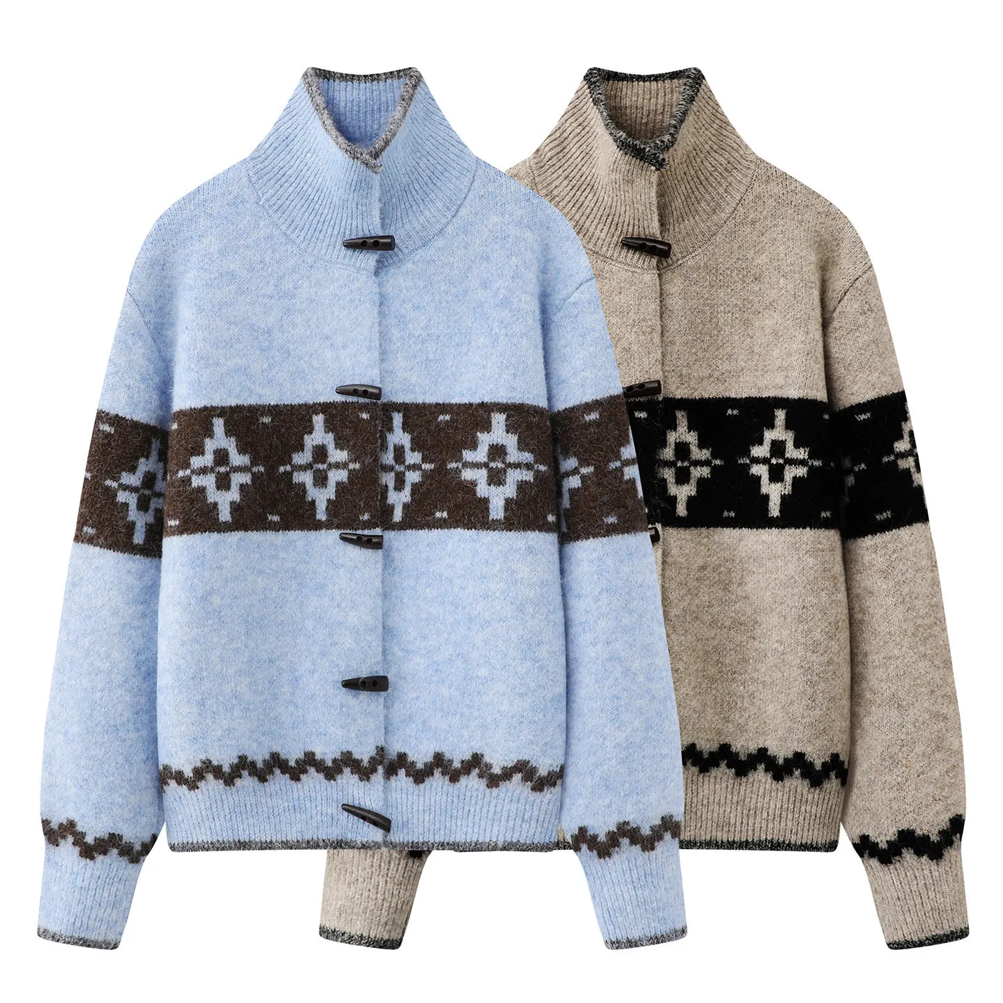 

Winter new Fair Island horn buckle knitted cardigan women's turtleneck jacquard sweater jacket 2511-15a