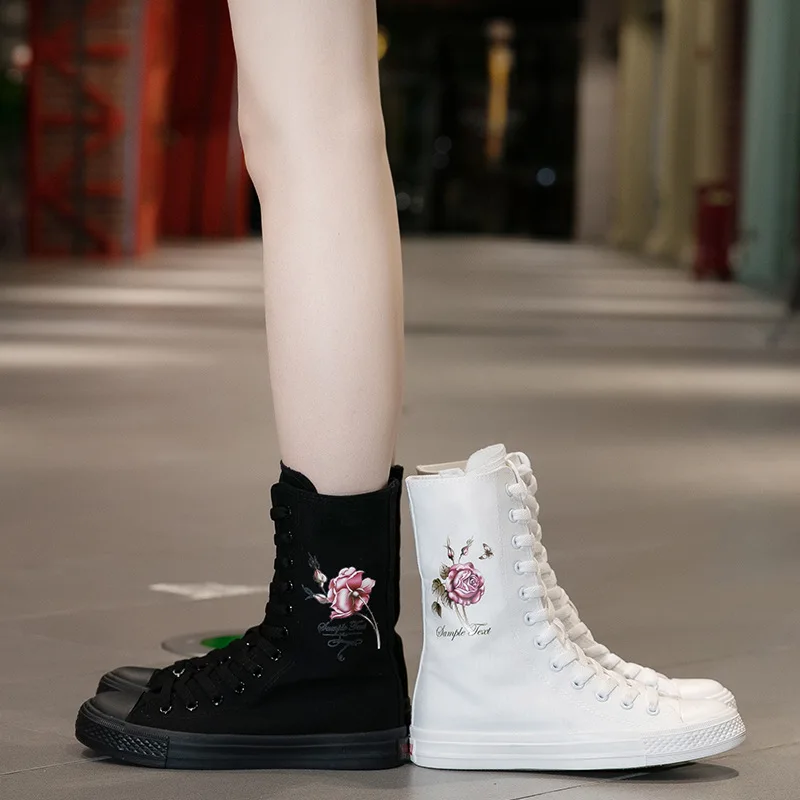 New Women Sneakers Mid Boots Canvas Lace Up Side Zipper Hand Painted Rose Pattern Classic Casual School Shoes Women Sport Shoes