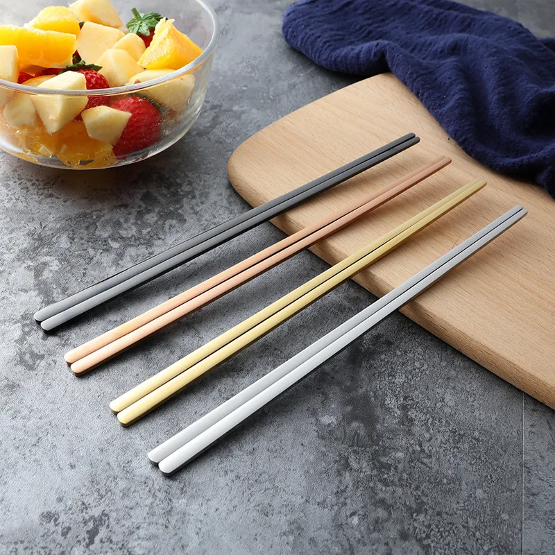 1 pair Korean Stainless Steel Solid Flat Chopsticks Titanium Gold Japanese Sushi Chinese Chop Sticks Kitchen Dinnerware Tools