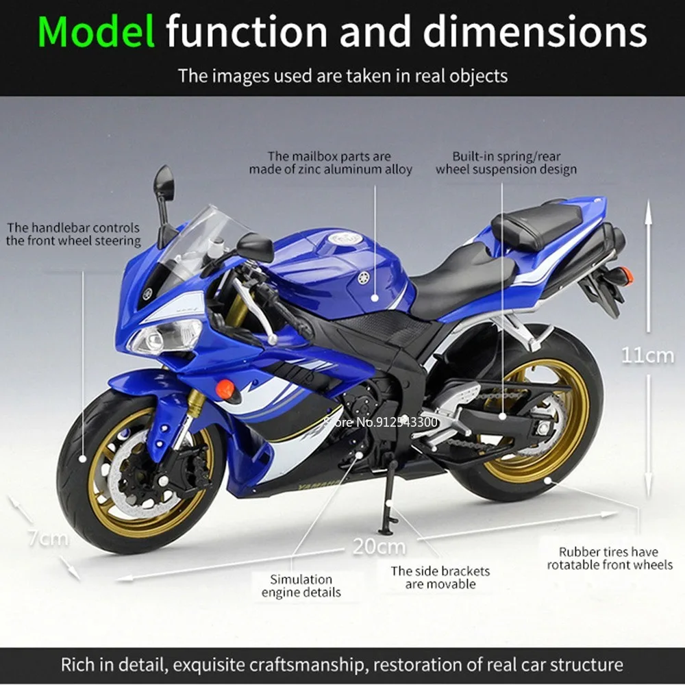 WELLY 1/10 YAMAHA YZF-R1 Motorcycle Model Toy Alloy Diecast Simulate Scale Motorcycle Model Toy for Boy Birthday Collection Gift