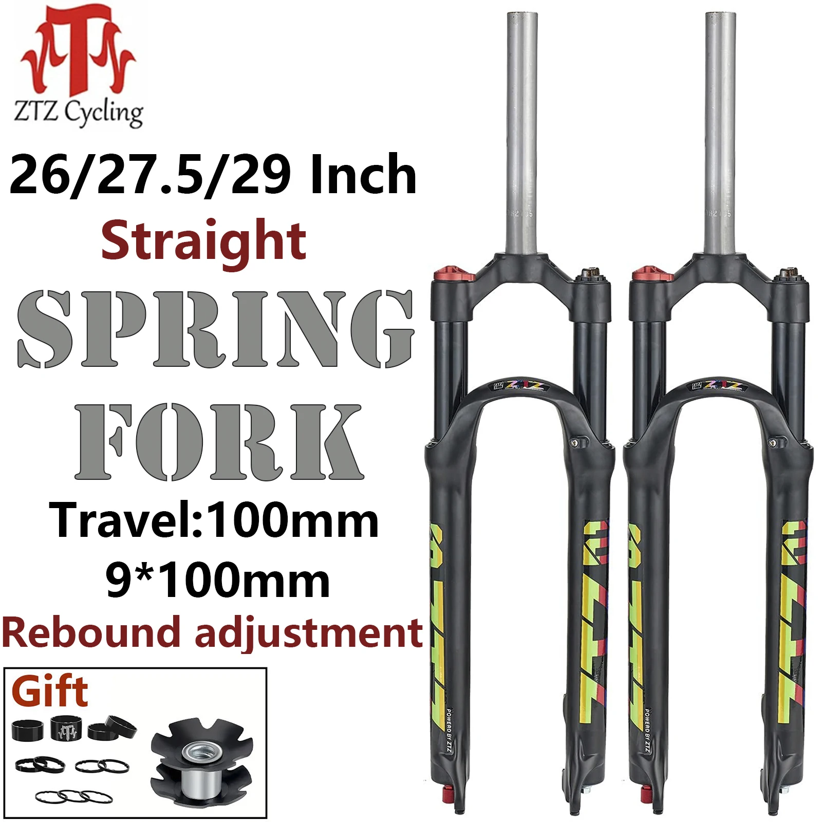 

ZTZ 26/27.5/29 inch MTB Fork Mountain Bicycle Forks, Bike Front Fork with Rebound Adjustment, 100mm Travel 28.6mm QR 9mm