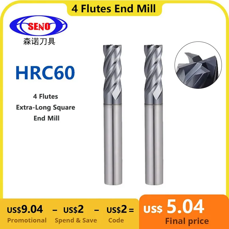 

SENO 4 Flutes Extra-Long Square End Mill HRC60 Carbide Milling Cutter CNC Machine End Mills Tool Metal Key Seat Face Router Bit