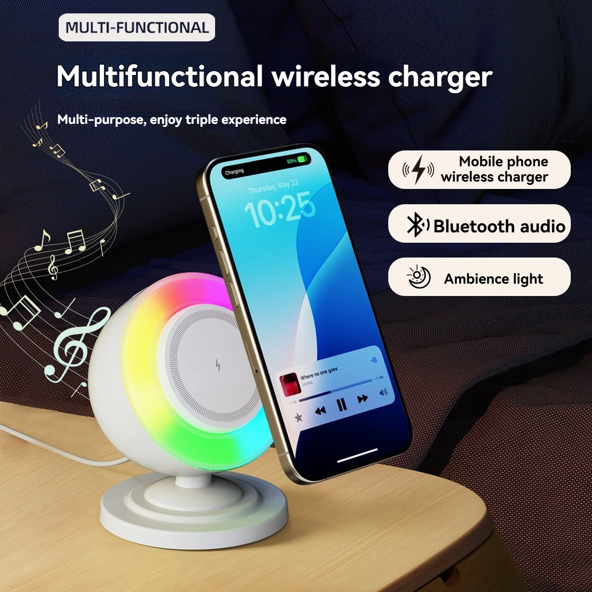 

3 in 1 Magnetic Charging Phone Charger for Iphones 12/13/14/15/16 Wireless RGB Nightlight Bluetooth Speaker&Phones Mobile Stand