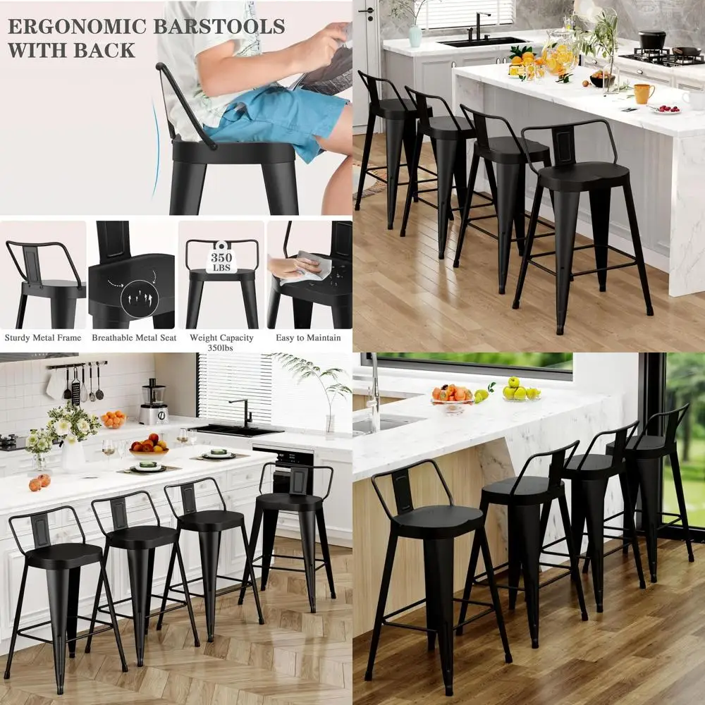 

Set of 4 Industrial Style Metal Bar Stools with Large Seats for Kitchen Island or Bar, 24 Inch, Black
