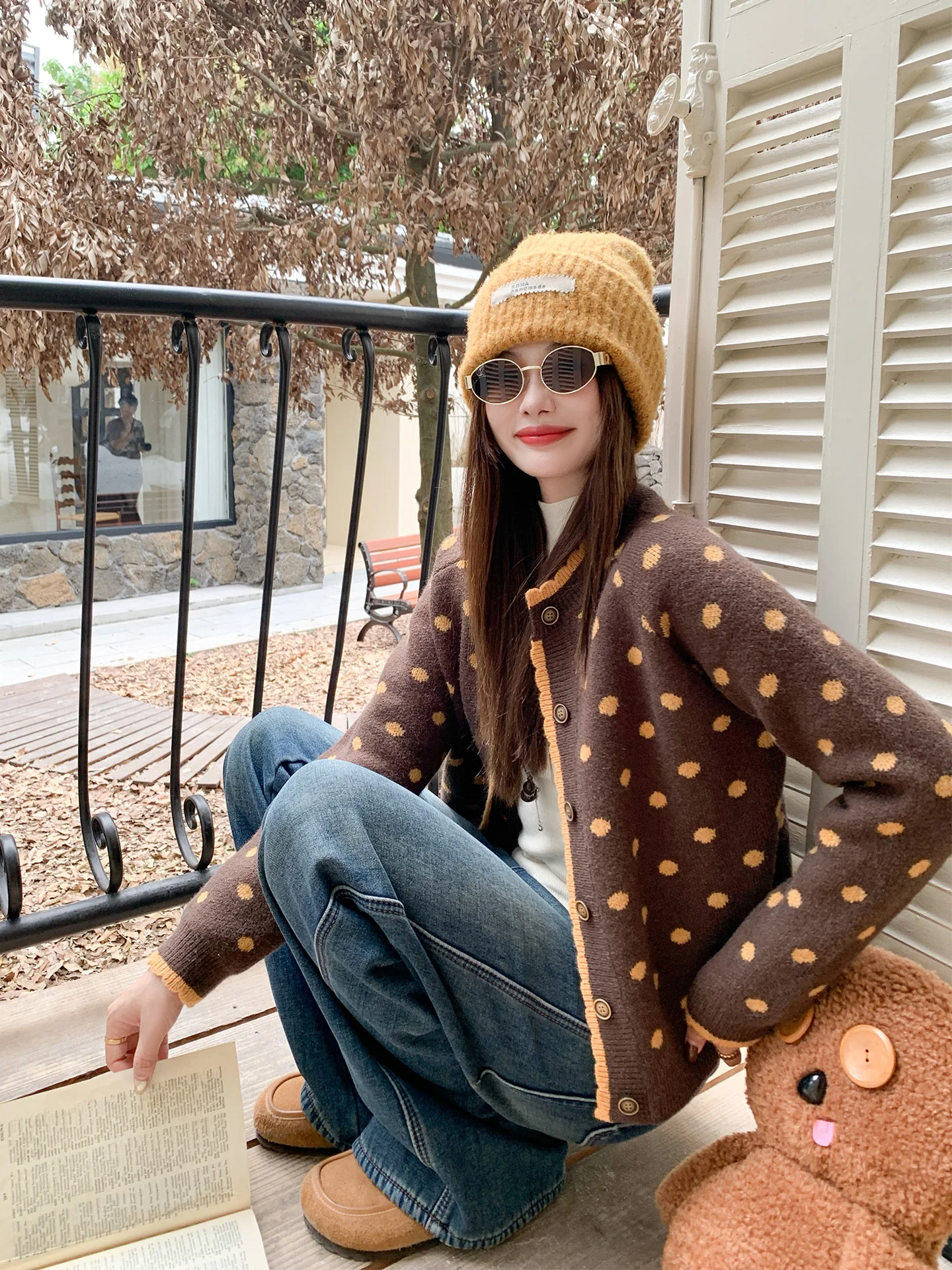 

Zeng Xiao Salt Brown Polka Dot Knitted Sweater Coat Korean Sle Women's Autumn Winter Loose Fit Long Sve Button up Top