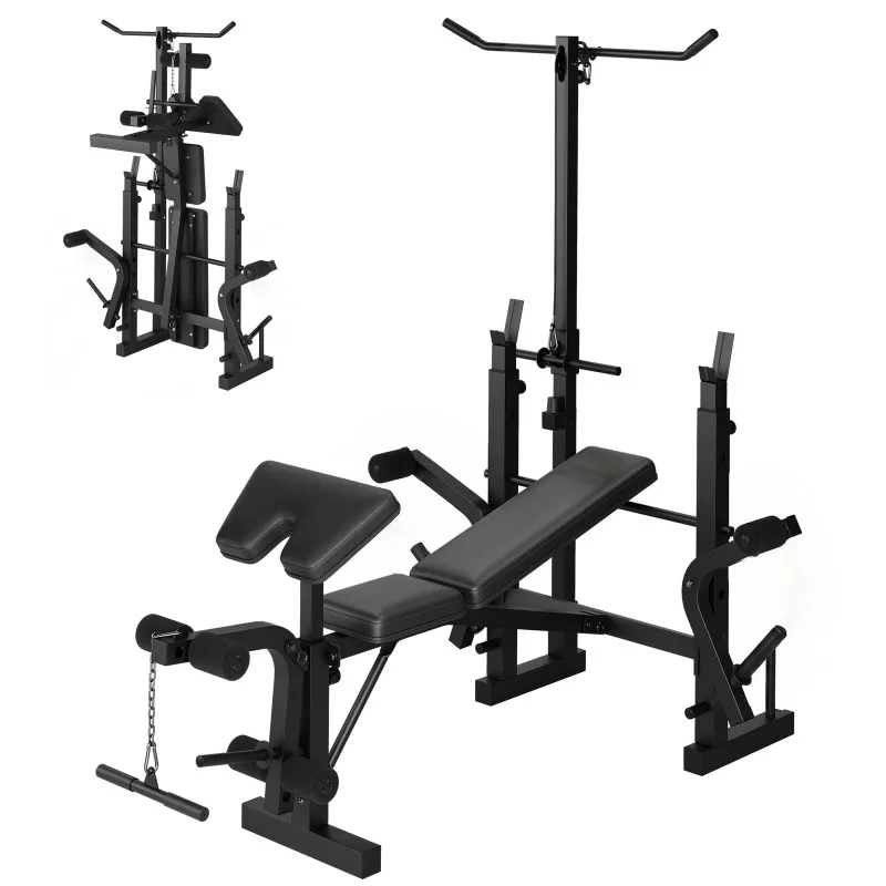 Large Fitness Equipment 7-in-1 Weight Bench 900LBS, Squat Rack Leg Curl Preacher Extension