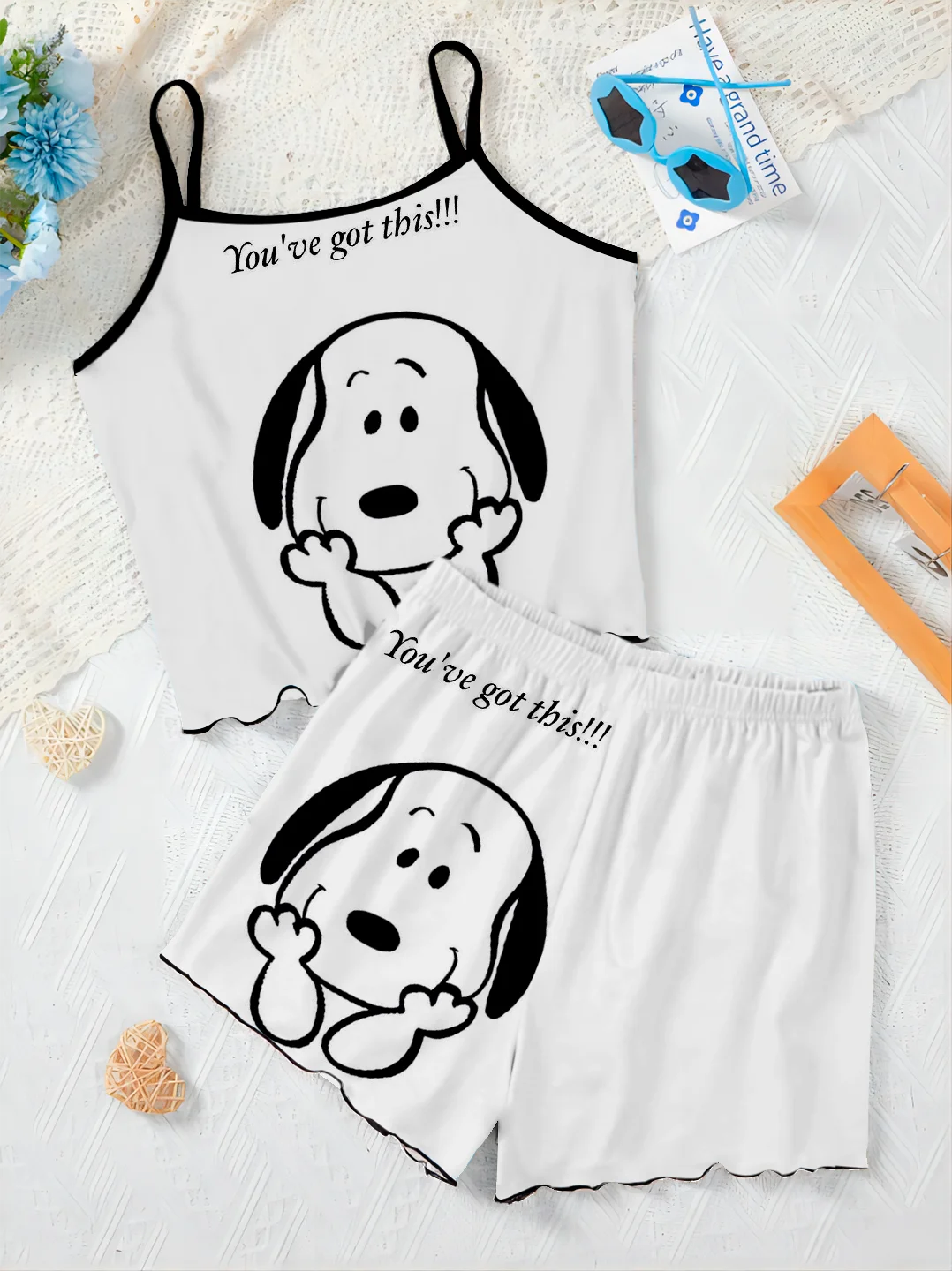 Luxury Elegant Women's Sets Snoopy Home Dress Pajama Skirt T-shirt Lettuce Trim Top Pieces Short Suit Pants Set Woman Chic Top