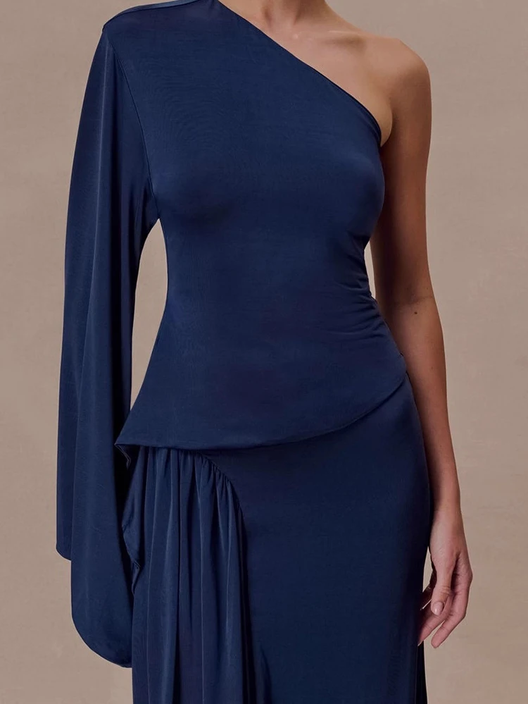 

2026 Women Elegant Temperament Solid 2Pc Outfits Casual Long Sleeve Draped Long Skirt Set Sexy Slanted Shoulder Top & Skirt Suit