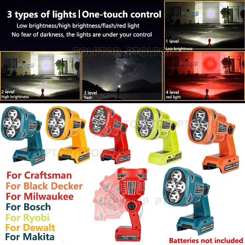 Flashlight work light for Makita/Bosch/Dewalt/Milwaukee/Ryobi/Black&Decker/Craftsman 18V Battery Emergency Flood Lights with USB