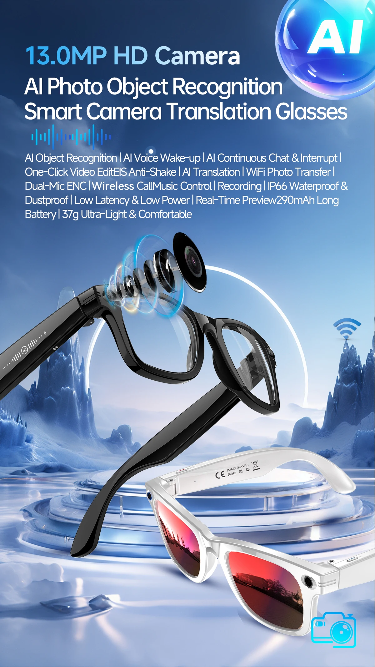 2026 Smarte KI-Brille für Herren mit 1080P HD-Videoaufnahme, ChatGPT-Integration, Bluetooth-Anruffunktion, 32GB ROM und Sprachübersetzung – Detail 1