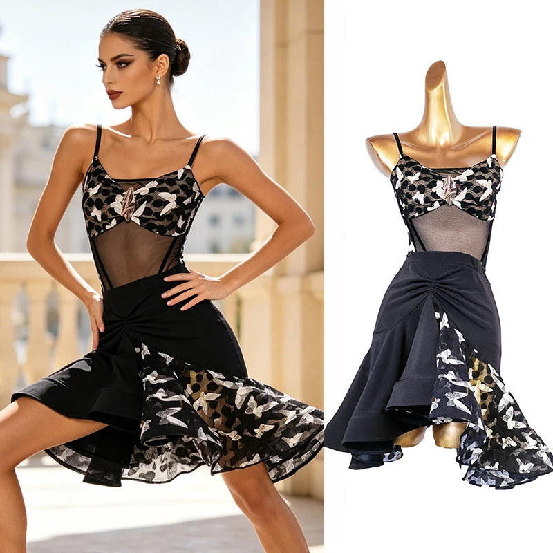 

2026 Latin Dance Suit Women Black Bodysuit Flounce Skirt Cha Cha Rumba Dancing Outfit Adult Latin Performance Practice Wear 5500