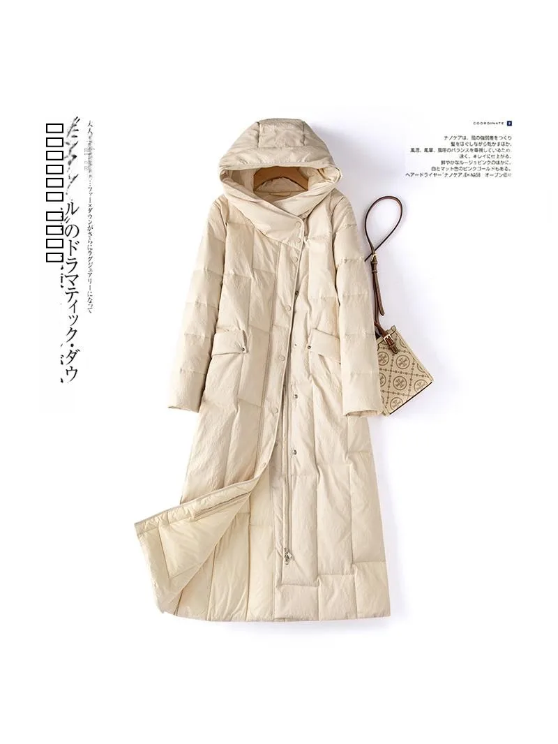 Winter 2025 Women's Leather down Jaet Hooded Thiened Large Size Coat Medium Length Loose Fit Fur Outerwear eepskin