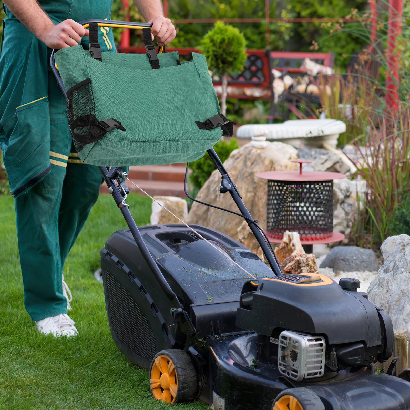 

Lawn Mower Bag Large Capacity Storage Black Oxford Fabric Adjustable Premium Multi purpose Hanging Garden Tool