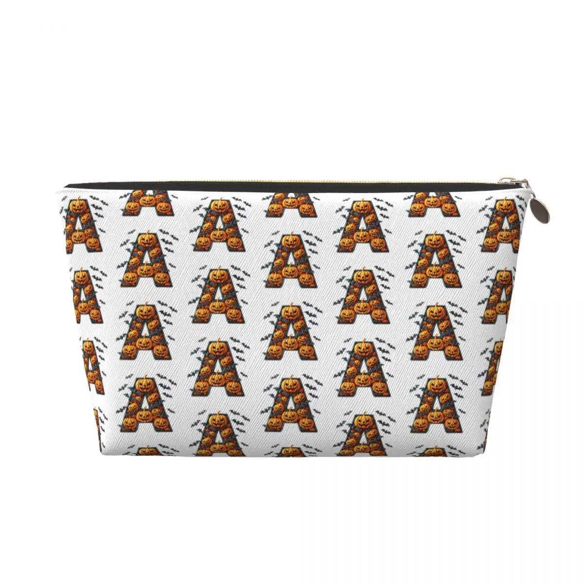 

Batty Pumpkin Letter A Halloween Party Makeup Bag Funny Toiletry Pouch Vegan Leather Cosmetic Case Women's Accessory