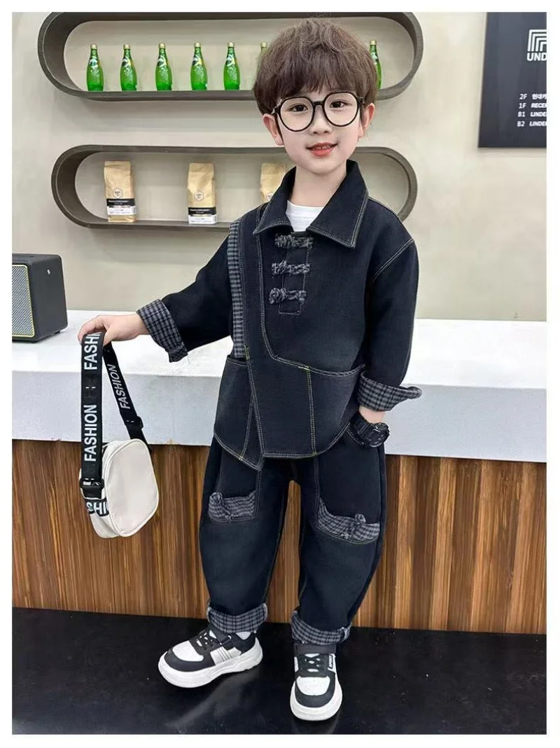 Children's Denim Set 2025 Spring and Autumn New Chinese Style Buckle Boys Retro Elegant Denim Two-piece Set