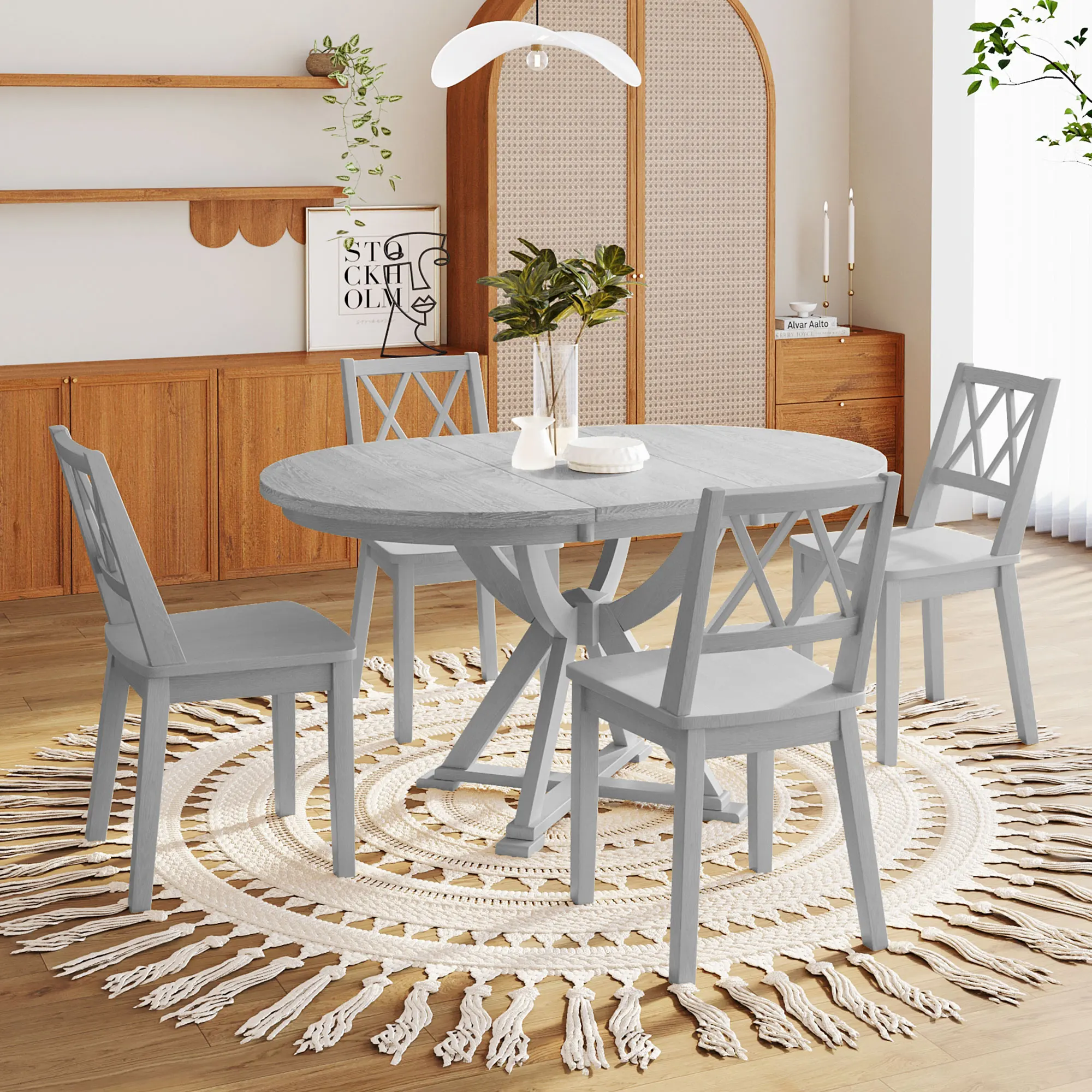 Mid-Century 5-Piece Extendable Round Dining Table Set with 15.7