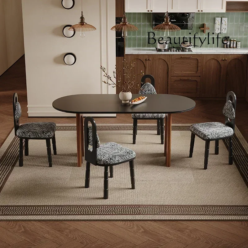 

FF cqyFrench Retro Dining Table Small Apartment Home Solid Wood Oval Black Rock Plate Dining Table