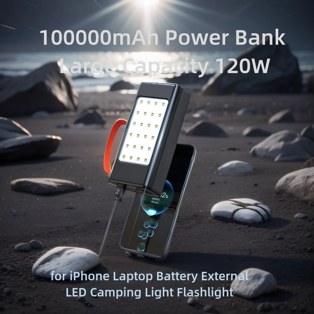 

100000mAh Power Bank Large Capacity 120W Fast Charger Power Bank for iPhone Laptop Battery External LED Camping Light Flashlight