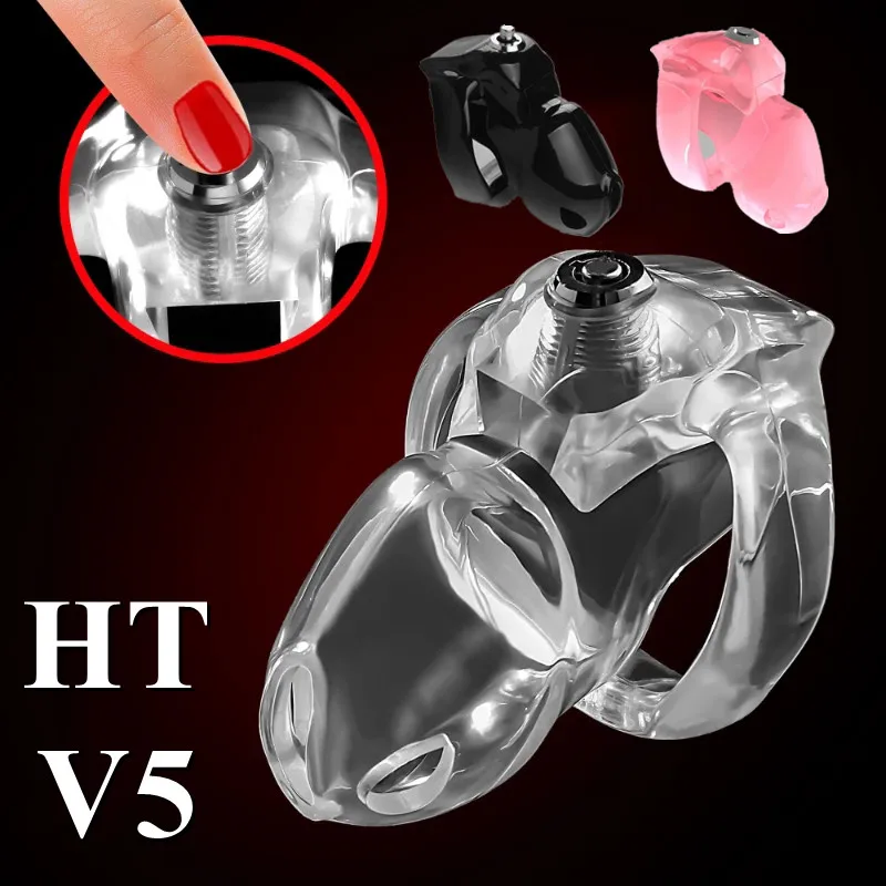 HT-V5 Clear/Pink/Black Chastity Cage Device maschio Cock Lock 36/40/45/50mm anello del pene Bondage Belt Fetish Sex Toys for Man gay