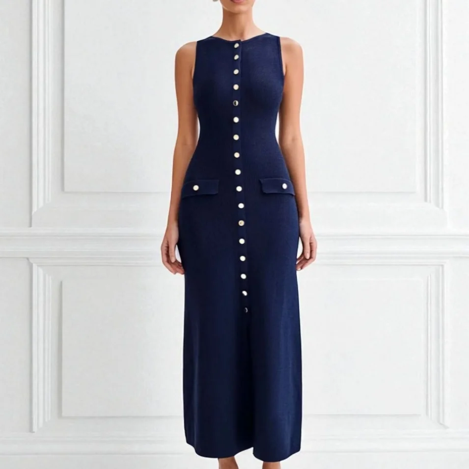 

Women's Ribbed Knit Square Neck Y2K Dress – Minimalist Buttons Wrap Hips, Back Split