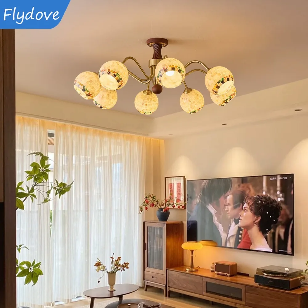 Advanced Handmade Shell Chandelier Antique Living Room Main Light French Retro Walnut Brass Bedroom Dining Light
