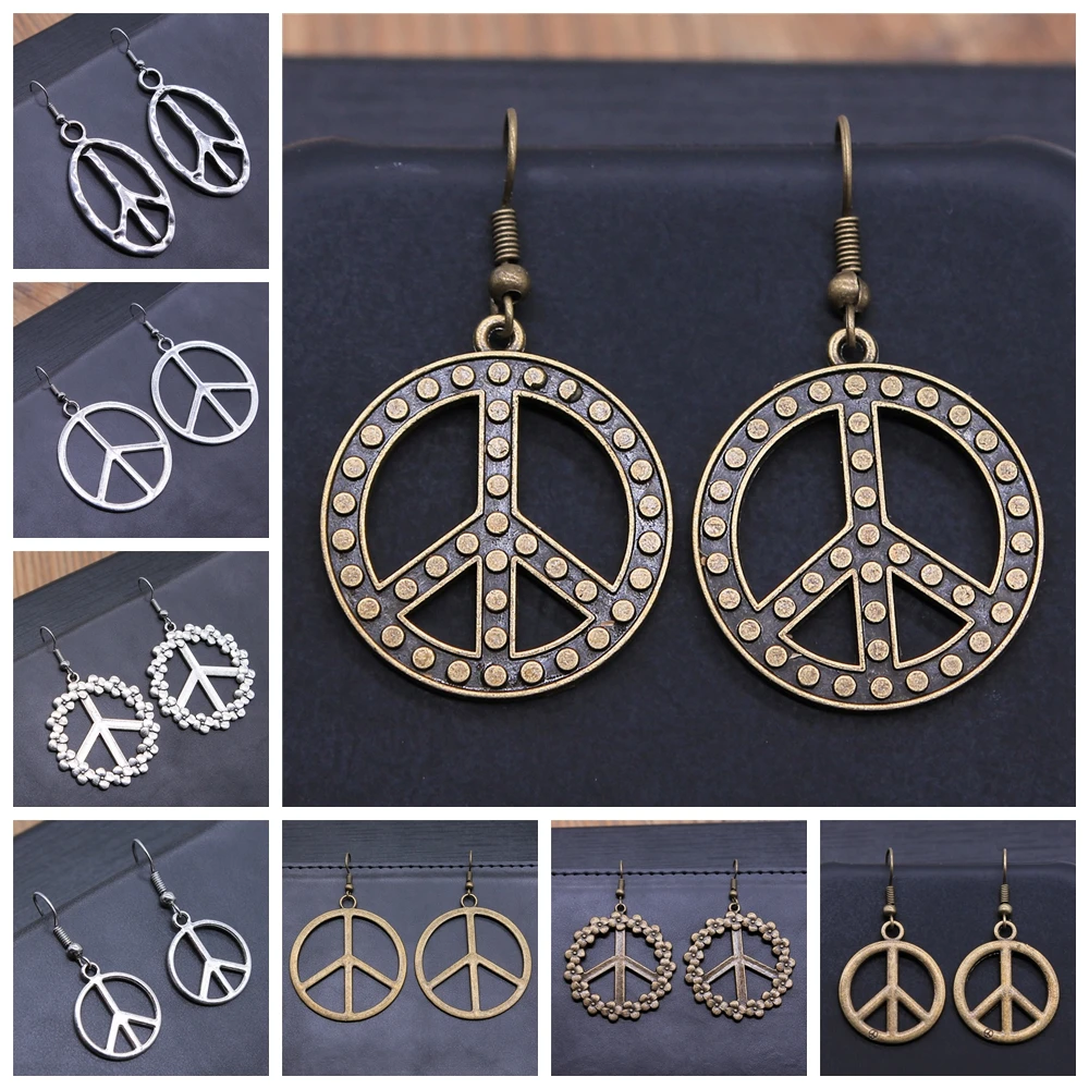 Punk Antique Silver Color Antique Bronze Color Drop Women\'s Earrings Charm Vintage Peace Symbols Dangle Earring For Women