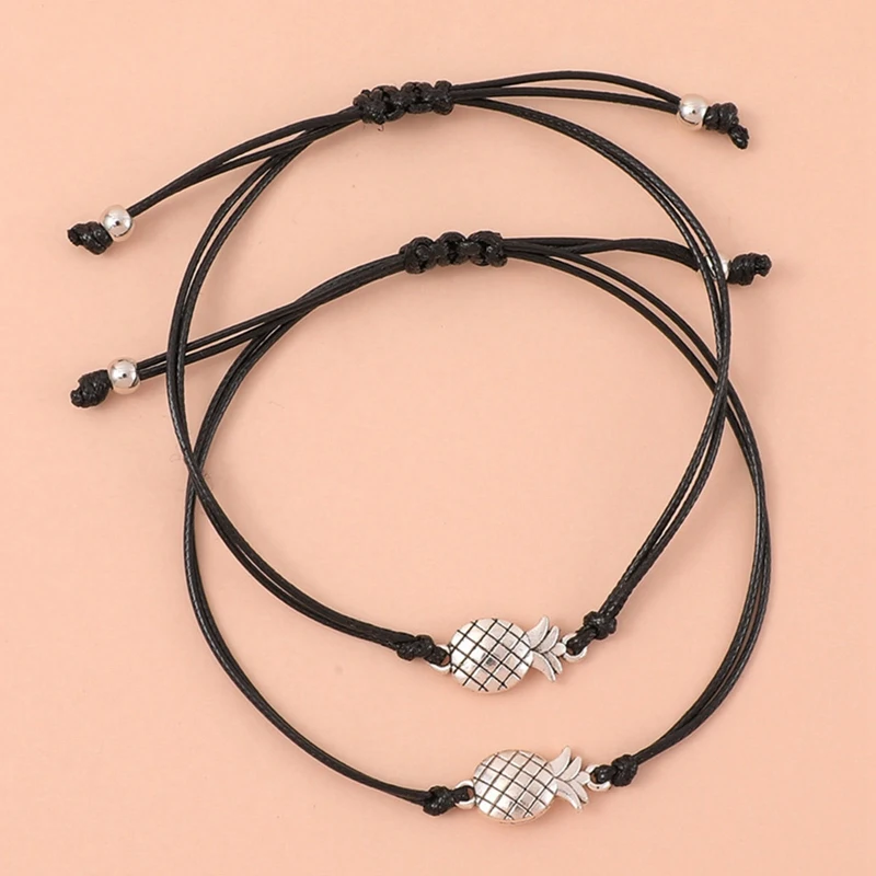 Alloy Pineapple Paper Card Bracelets Unisex Adjustable Handmade Black Rope Weaving Bangles Minimalist For Women Men Jewelry