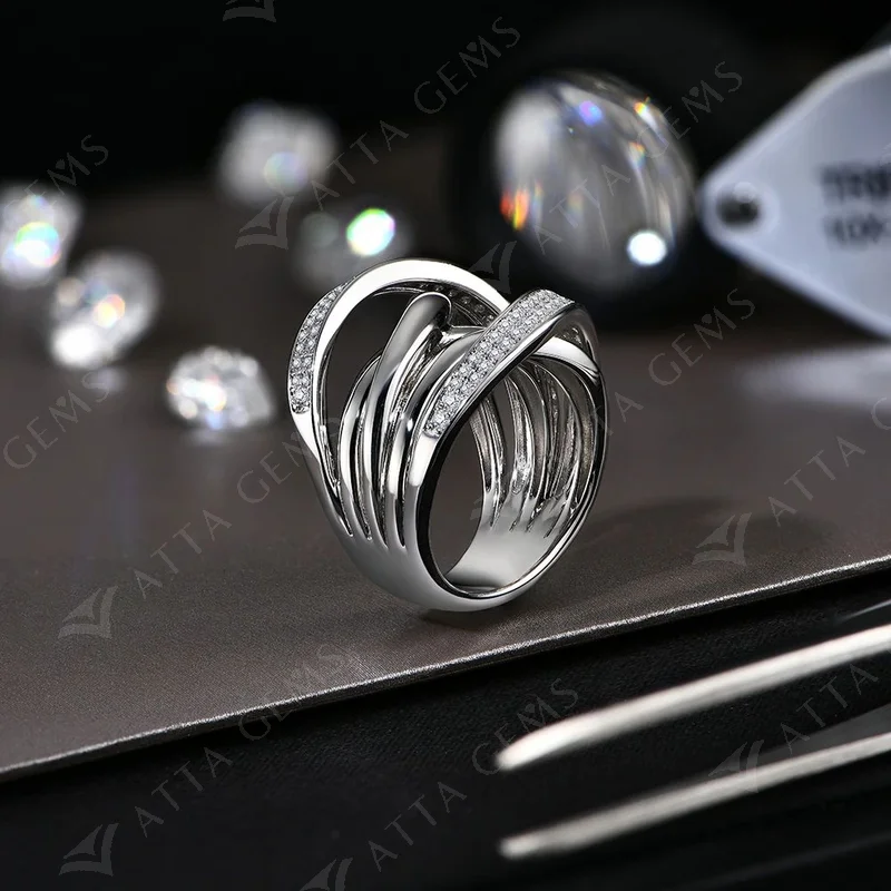 Attagems s925 tira moissanite anéis para mulher 18k banhado d cor vvs1 diamante crossover casamento banda festa jóias finas presente