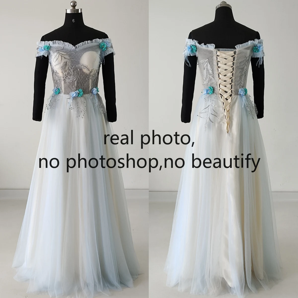 

Real Photo Evening Dresses Blue Tulle Off the Shoulder Pleat Short Sleeves Appliques Floor Length A-Line Women Party Formal Gown