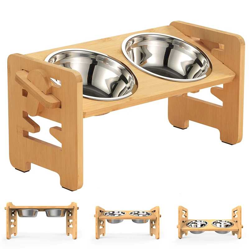 Tigelas de bambu ajustáveis para cães, Dog Feeder Stand, tigelas de aço inoxidável para cachorros e gatos, acessórios para animais de estimação