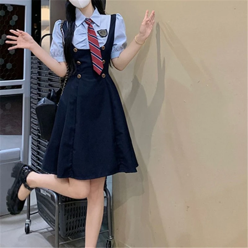 Japan JK Preppy Style Two Piece Dresses Set Fashion Summer New Women Badge Button Short Sleeve Shirt Skinny Strap Dress Suit