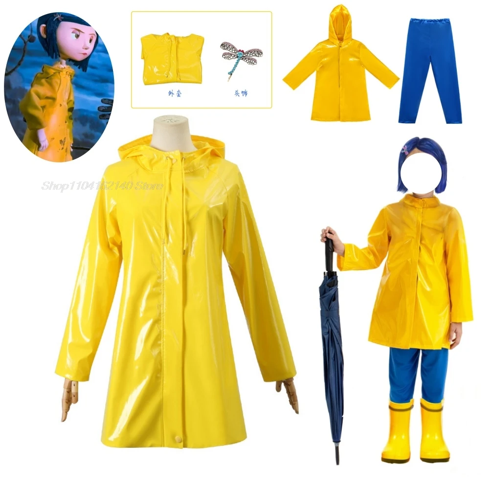 Películas de cuento de hadas de terror, disfraz de Coraline, peluca, abrigo amarillo, puerta secreta, tamaño adulto y niño, traje de juego de rol aterrador para fiesta de Halloween