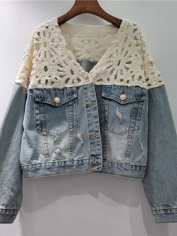 

Женская вязаная джинсовая куртка Ele с вырезами, весенне-осенний топ с V-образным вырезом, французский стиль, свободный крой, стандартный размер, длинный рукав