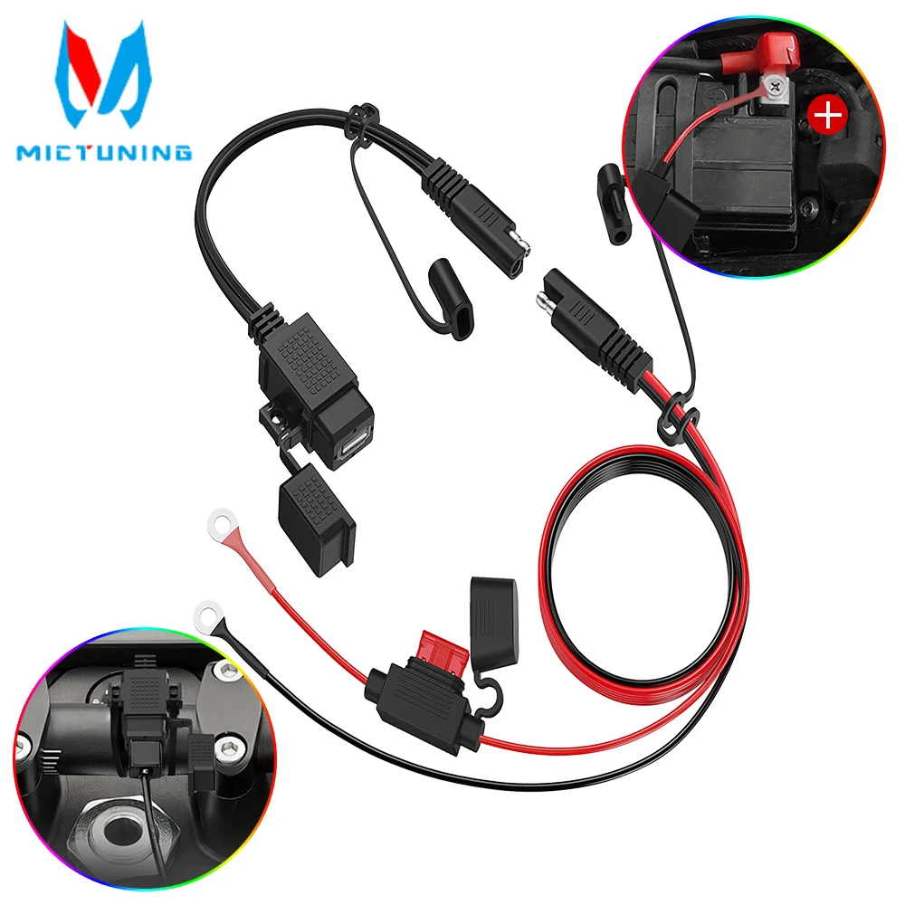 

MICTUNING Waterproof SAE to USB Cable Adapter With Inline fuse Phone GPS MP4 Charger Cable USB Fast Port For Motorcycle Tablets