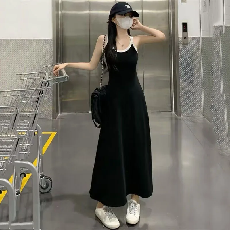 Summer Black Spaghetti Strap Dress for Women Korean Streetwear Backless Long Dresses Ladies Fashion All-Match Sleeveless Dress