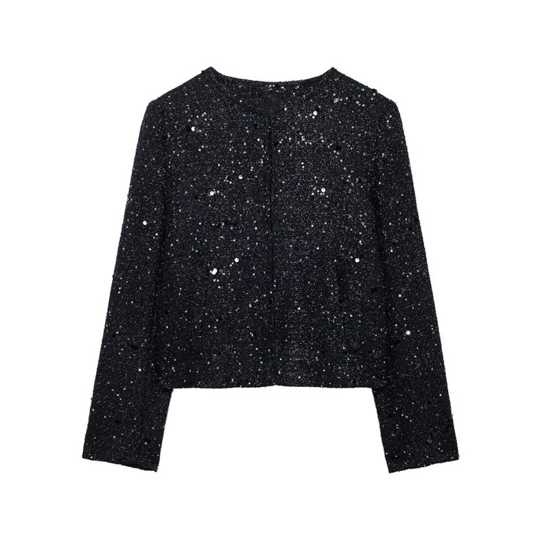 Autumn Women's Sequins Textured Blazer 2024 New Casual Fashion Long Sleeve Jacket Short Elegant Black Coat Women's Clothes