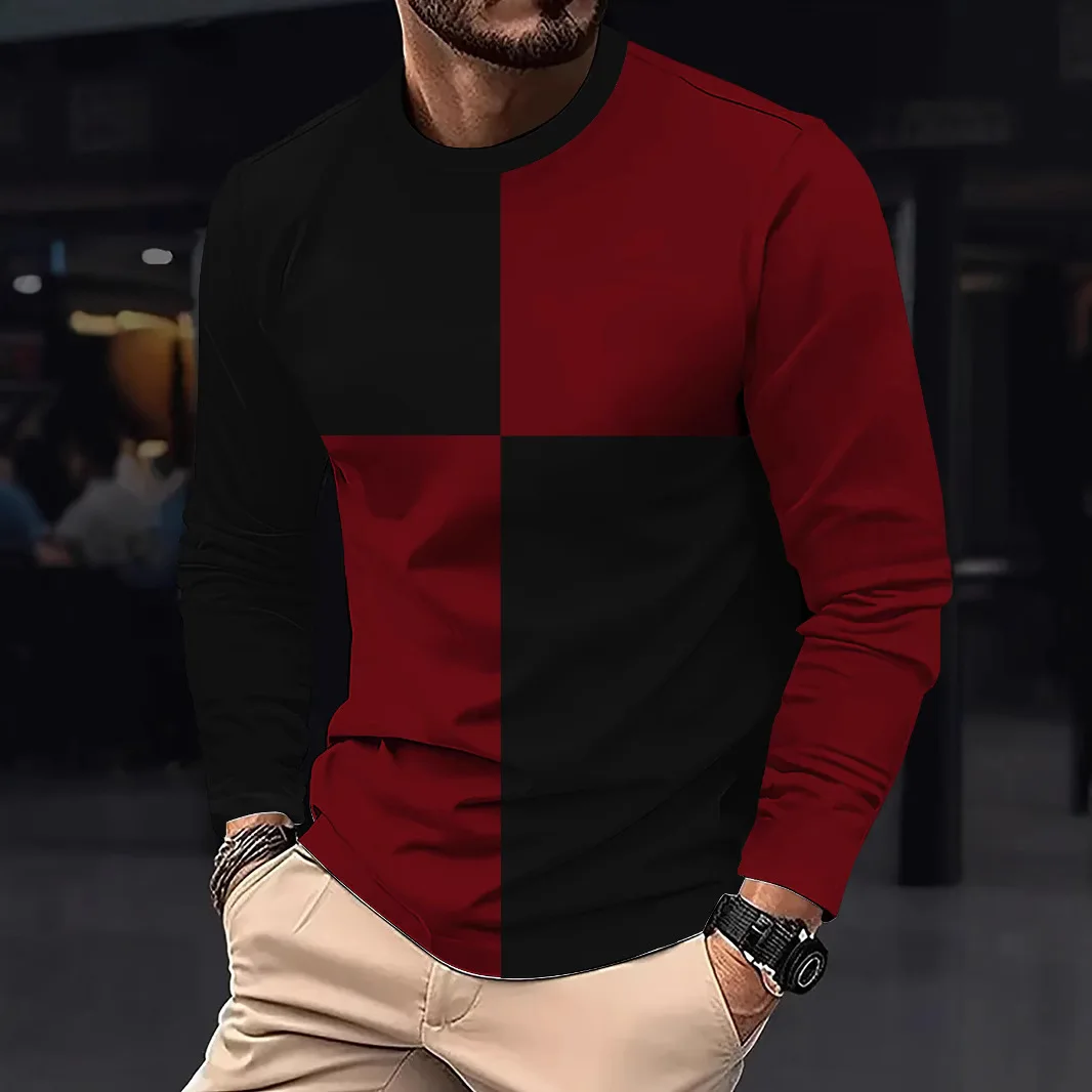 Autumn men's long sleeved T-shirt Black and white spliced T-shirt Cotton Comfortable Round Neck T-shirt Versatile men's clothing view 6
