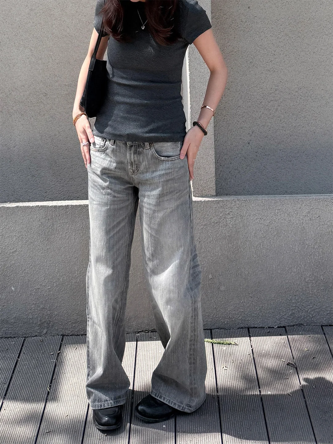Slim High Waist Wide Leg Denim Jeans Women's Washed Loose Fit American Style Fall 2026 Grey Narrow Version Casual Leisure