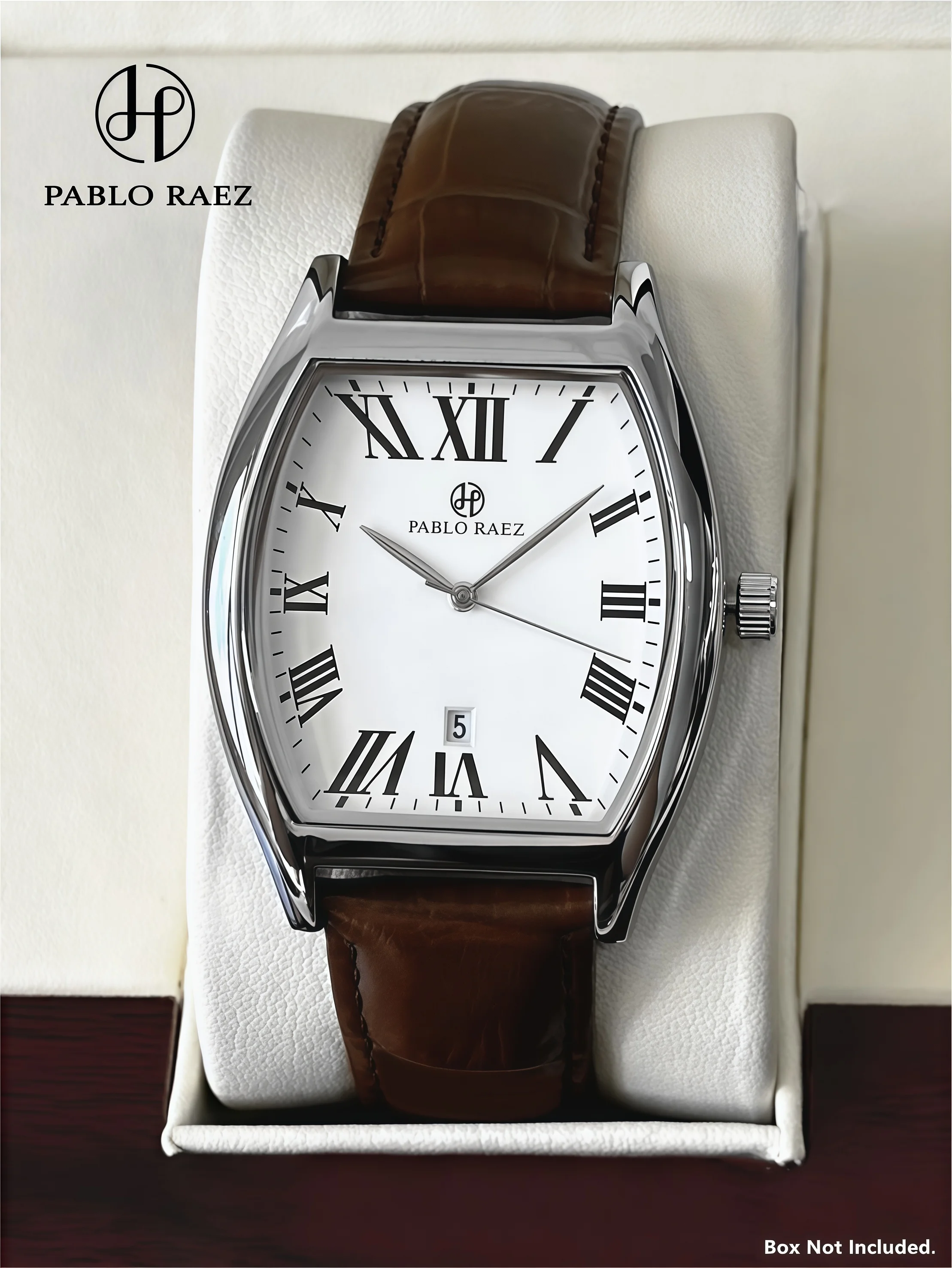 

PABLO RAEZ мужские роскошные кварцевые часы водонепроницаемые кожаные наручные часы с дизайном в форме бочонка функция даты лучший бренд мужские часы R