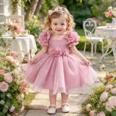 Baby Girl Sparkly Mesh Formal Dress Ruffle Bubble Sleeve Floral Waist Short Tutu Infant Gown For Cake Smash Photo Shoot ASQ03