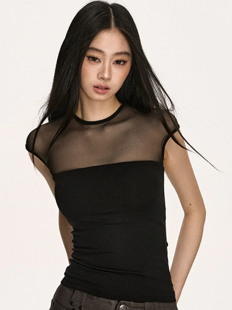 Y2k الشاش المرقعة امرأة بلايز 2025 Ropa Mujer خمر مثير كل مباراة موضة تيز الصيف شيك سليم صالح قصيرة الأكمام تي شيرت