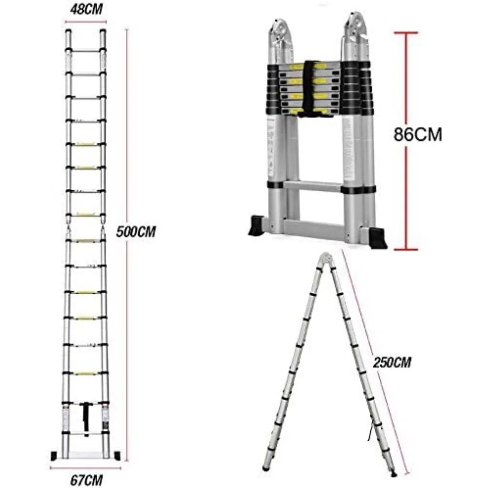 휴대용 알루미늄 A형 접이식 사다리, 16.5피트 연장, 16단계, EN131 인증, 330파운드(약 150kg) 지지