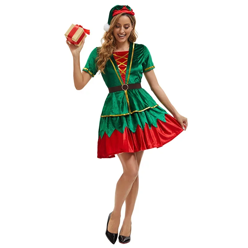 Chrismas Costume Cosplay Green Elf Fancy Dress Suits Xmas Theme Party Rolr Playing Clothing Sets Adult Men Women